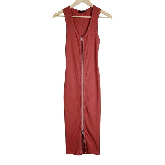 ALLSAINTS Tank‎ Pencil Dress 2 Rust Red Ribbed Knit Full Zip Sleeveless Midi - Picture 1 of 7